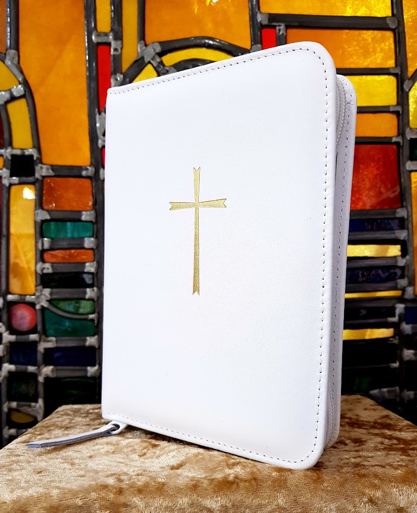 Gotteslobhülle - Motiv Kreuz - weiß - Leder