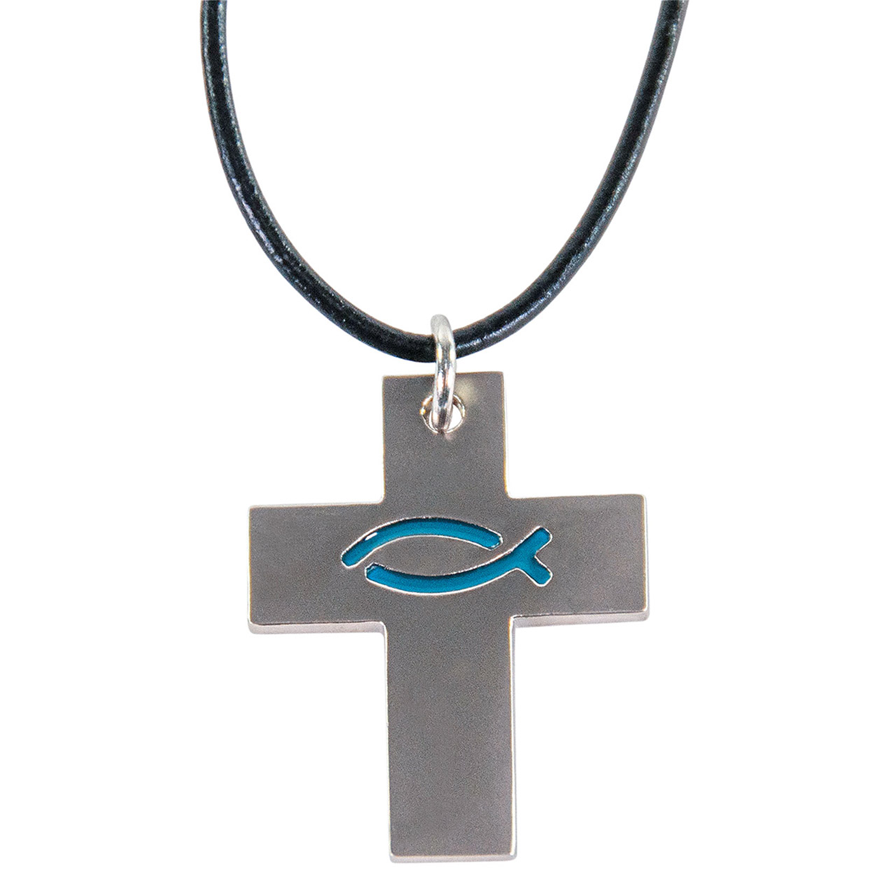 Kreuz mit Ichthys-Fisch blau an Baumwollband