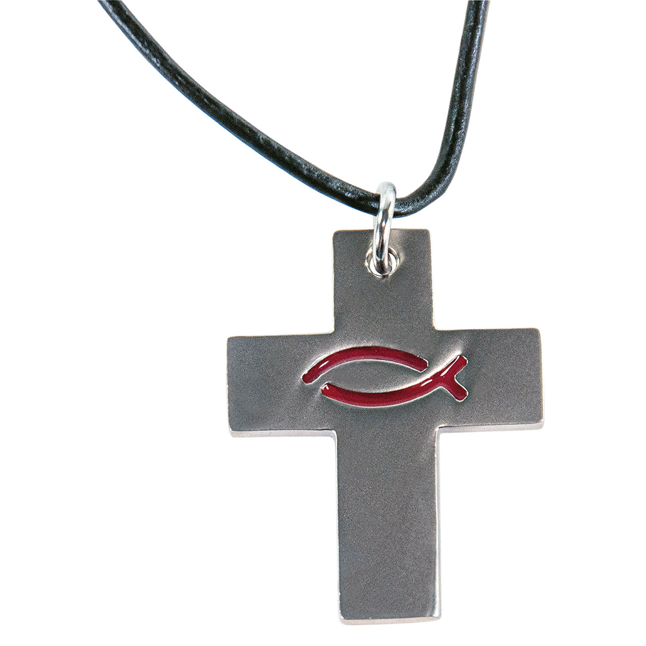 Kreuz mit Ichthys-Fisch rot an Baumwollband - Cover