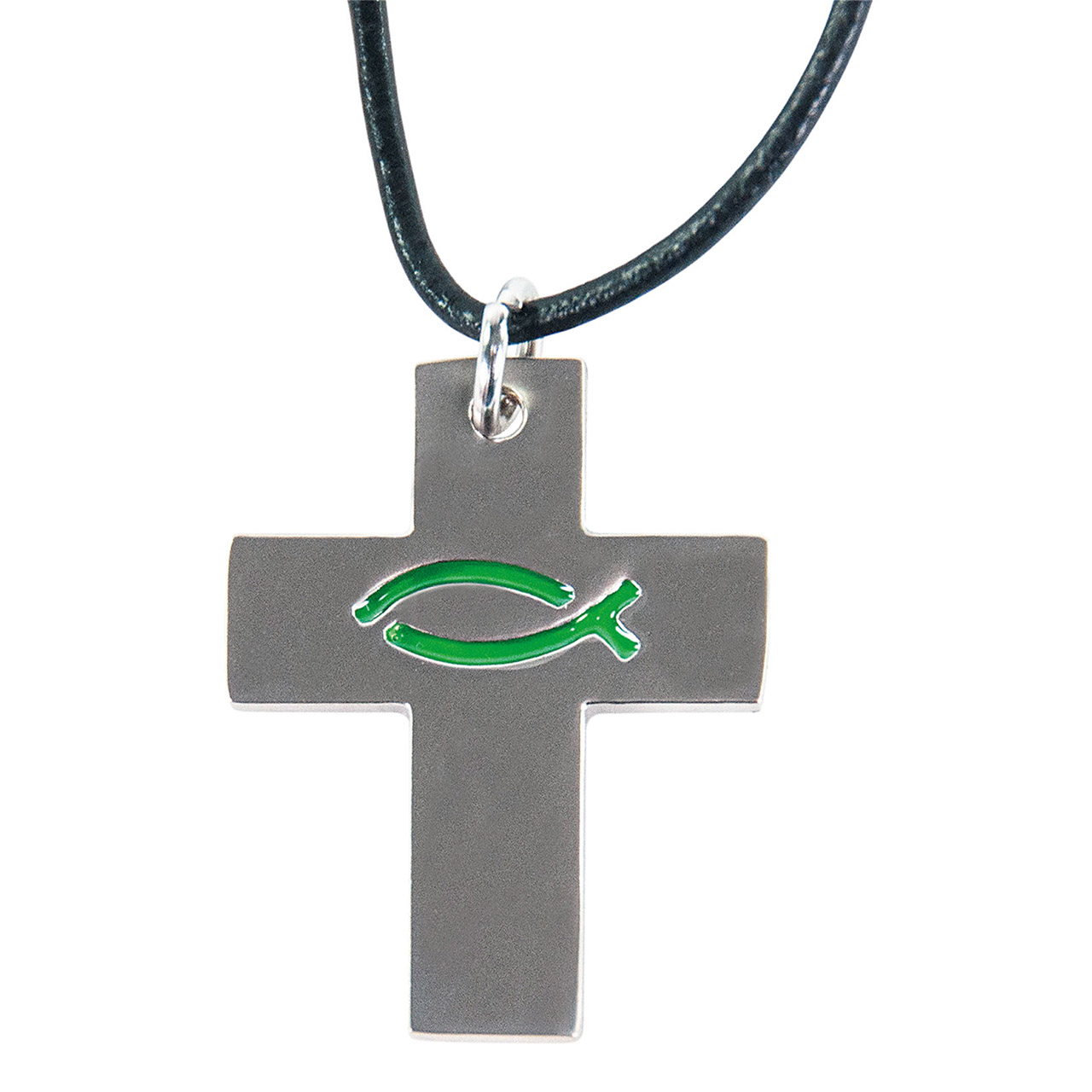 Kreuz mit Ichthys-Fisch grün an Baumwollband - Cover
