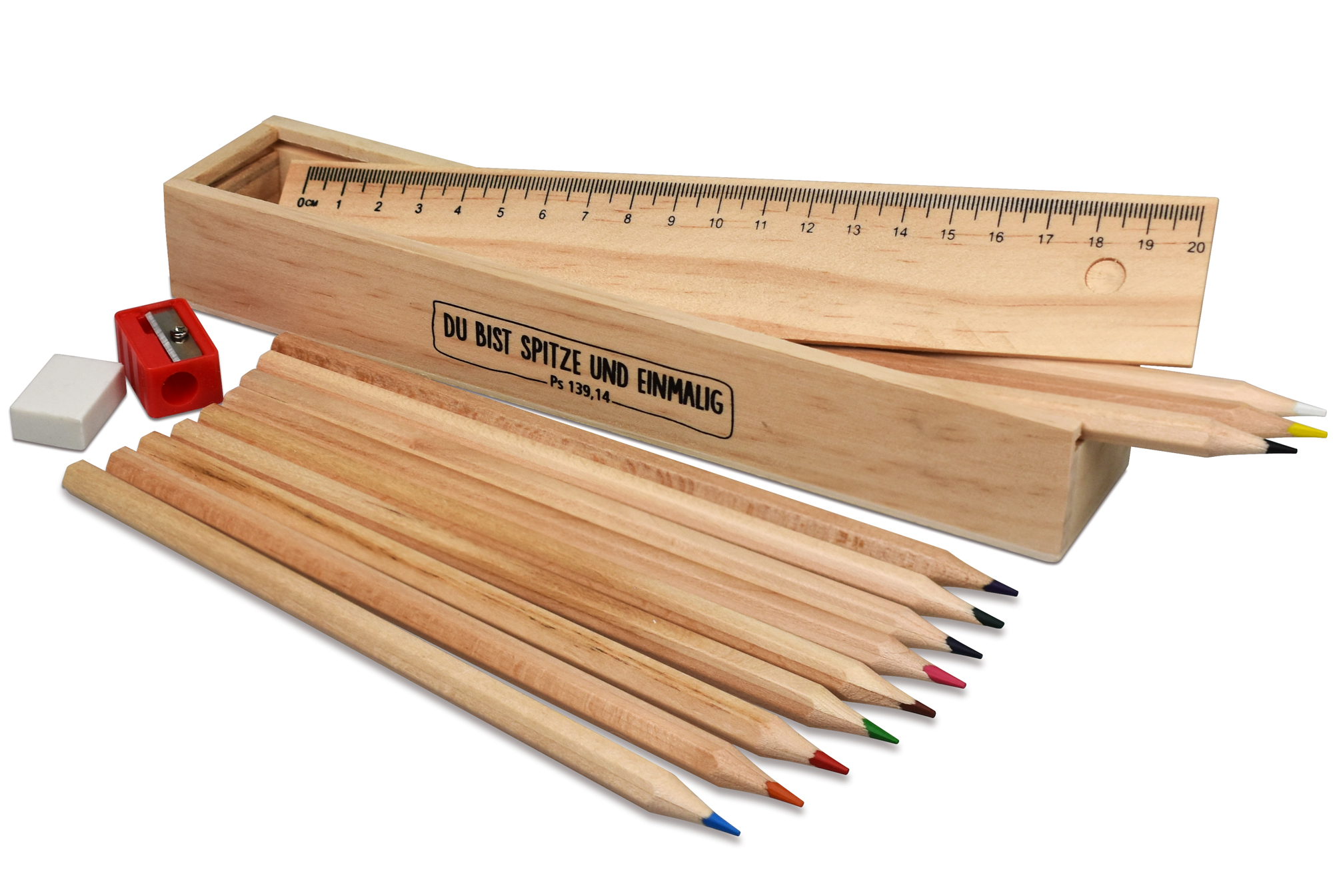 Holzbox 12er Buntstifte-Set mit Spitzer, Radiergummi und Lineal - Cover