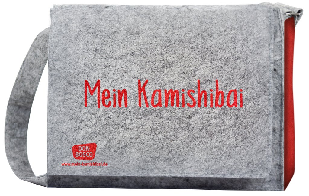 Umhängetasche Mein Kamishibai. Modell 2019. Aus grauem Filz, verstärktem Boden, roten Seitenteilen, mit längenverstellbarem Tragriemen, Überwurf und Klettverschlüssen