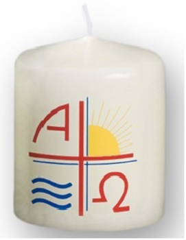 Stumpenkerze Kreuz mit A & O, Sonne und Wellen - Cover